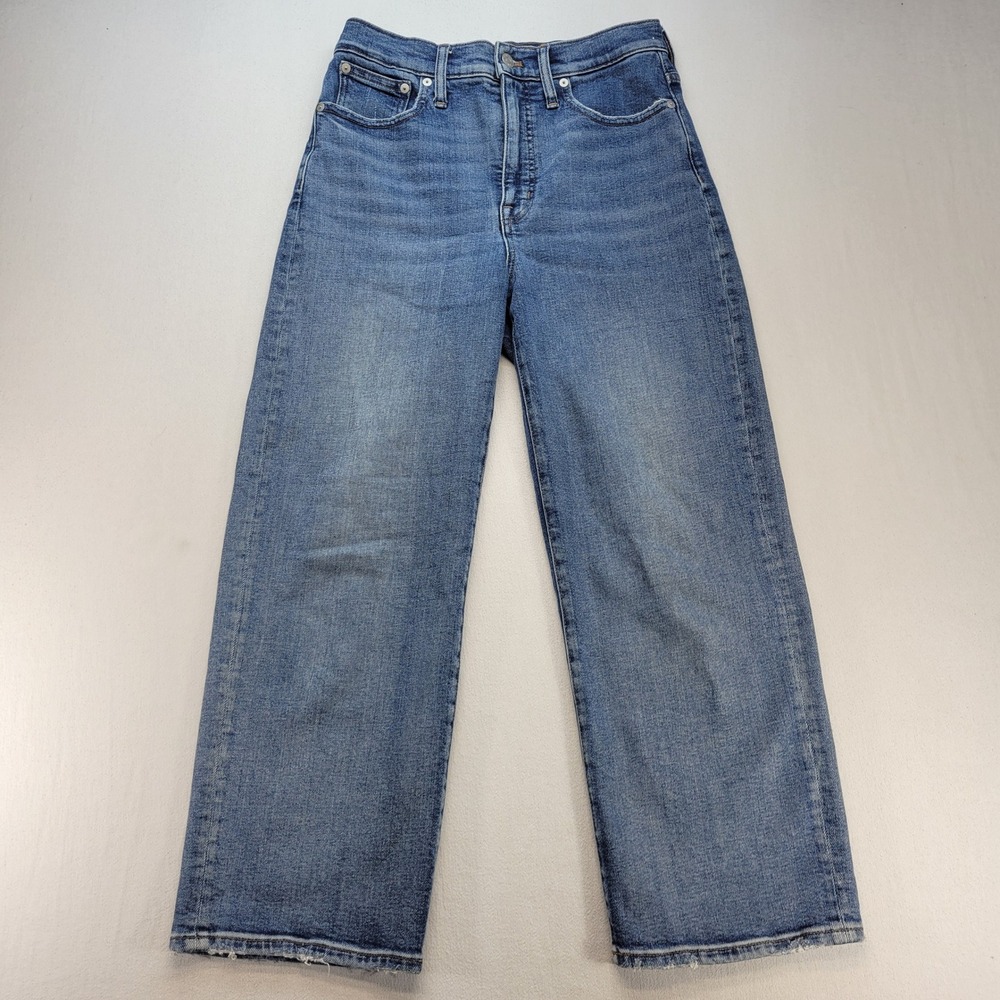 Madewell Slim Wide Leg Crop Jeans Womens 28 Blue High Rise Raw Hem Denim